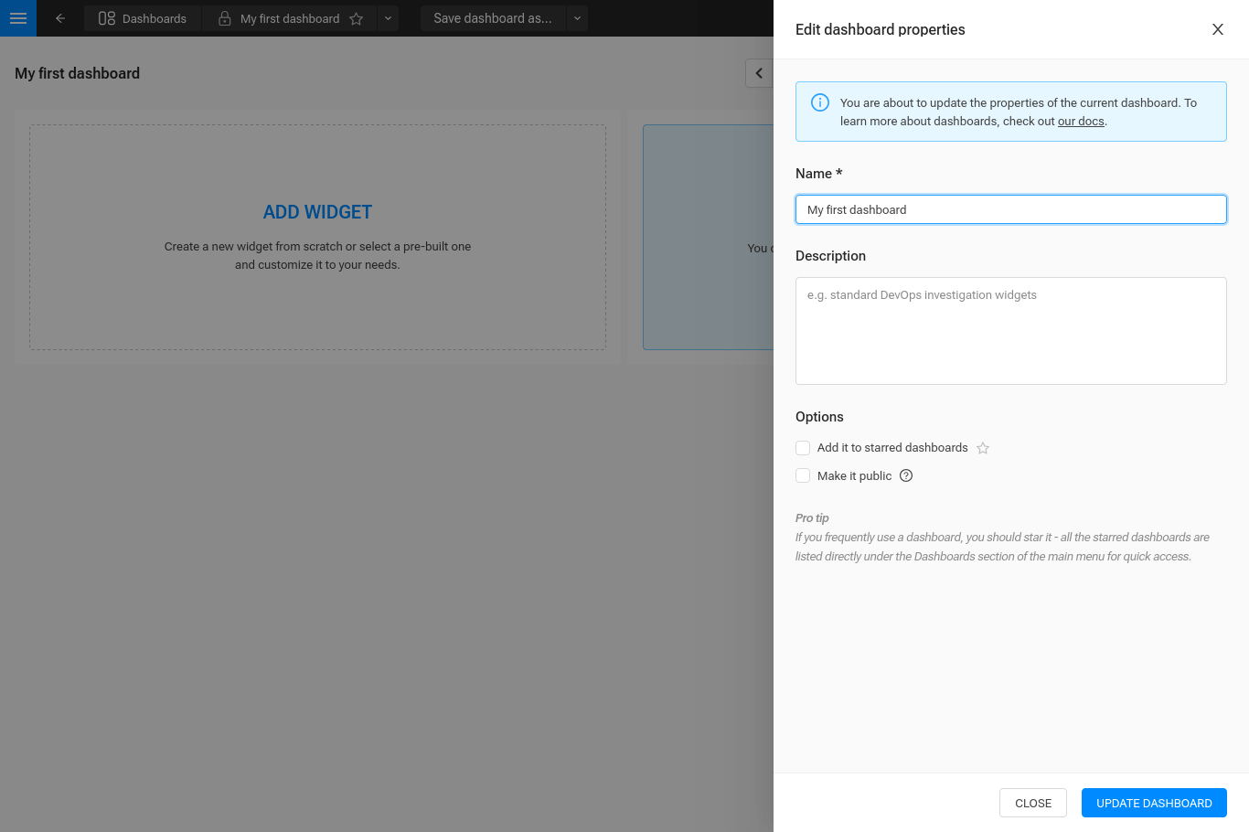 Edit dashboard properties drawer